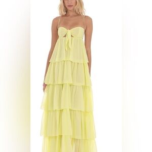 Lucy in the sky Ruffle Front Tie Maxi Dress in Yellow size small brand new
